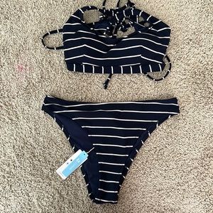 Blue and white striped swimsuit